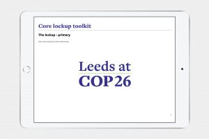 Leeds at COP26 visual identity guidelines on iPad